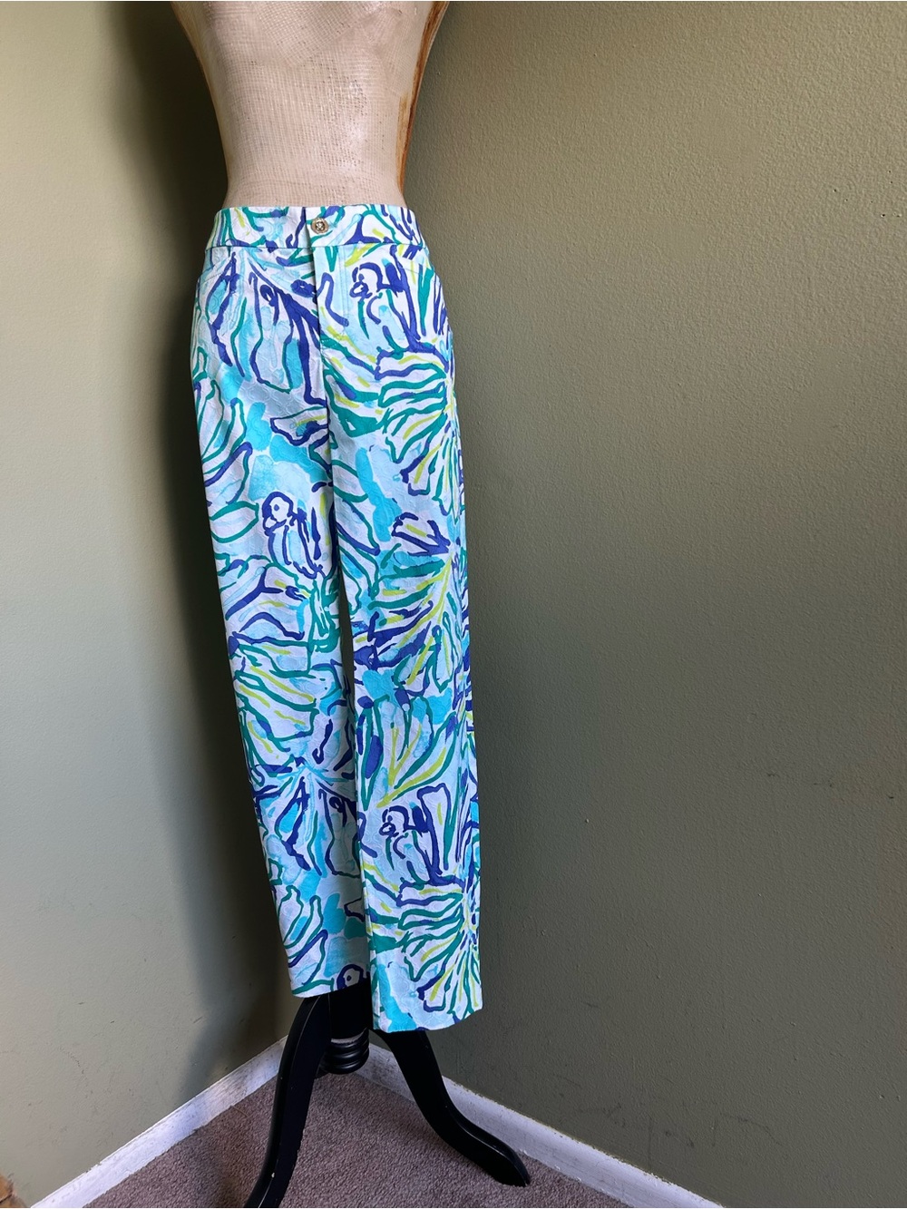 NWOT Lilly Pulitzer Aqua, Teal & Lime Wave-Print Flare-Leg Pants Sz 4
